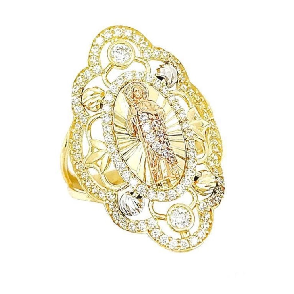 14k Yellow Gold San Judas Ring Cz Mexican Flag Stones Size #8